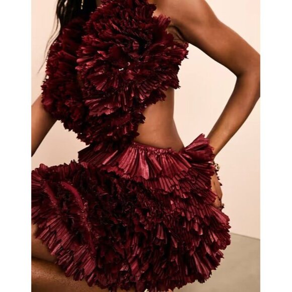 ASOS LUXE Oxblood Red Pleated Ruffle Plunge Neck Mini Halter Dress, Size 10 - Picture 15 of 16